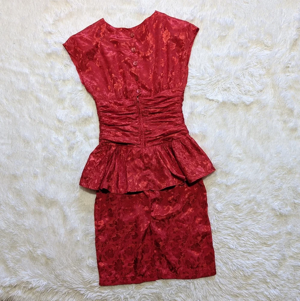 80s Vintage Jodi Schwartz Satin Peplum Ruched Waist Button Back Dress Size 3 - Picture 5 of 14